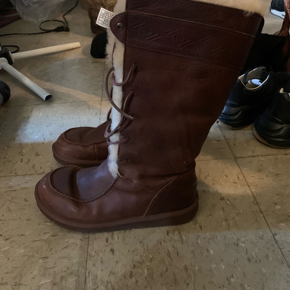 UGG Australia Tularosa Aztec Leather Lace Up Tall Boot Chocolate - Picture 3 of 15